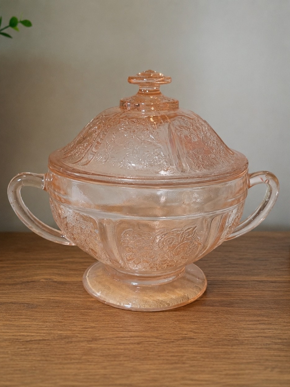 Vintage Pink Depression Glass Covered Compote